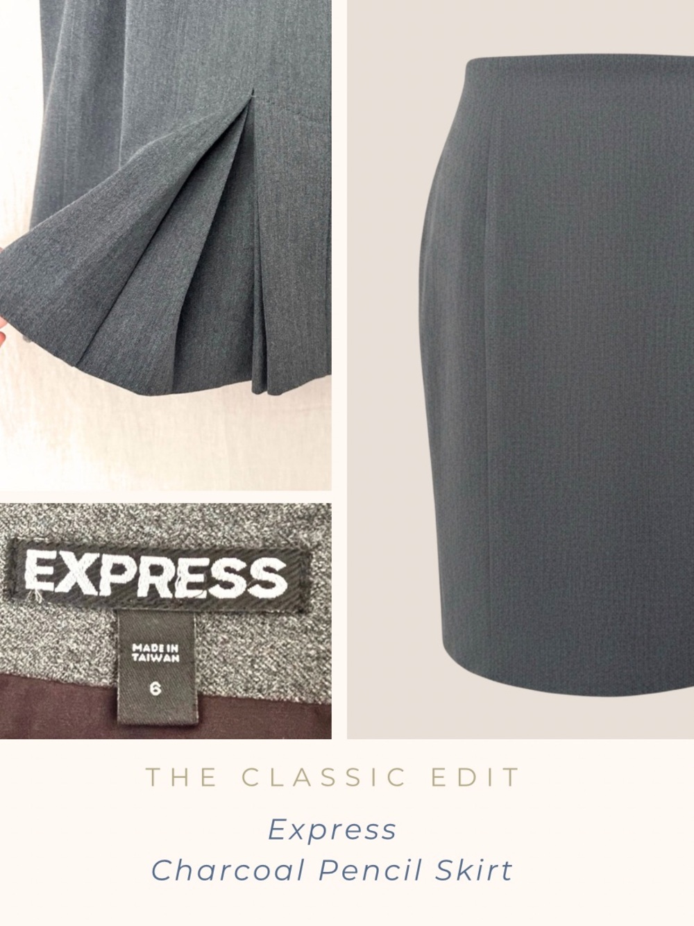 Express | Charcoal Gray Pencil Skirt | Pleated Kick Pleat | Lined | 6